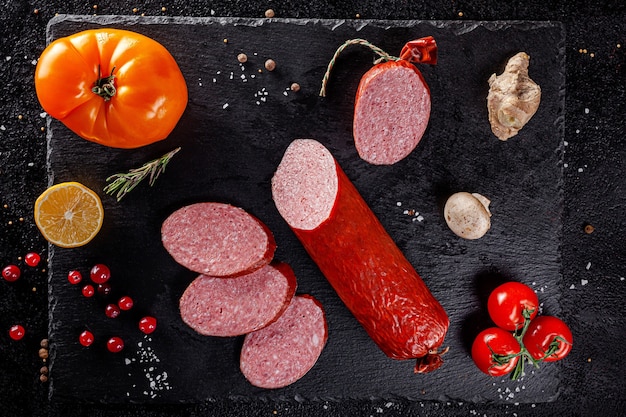 Various sausages and smoked products lie on a black board