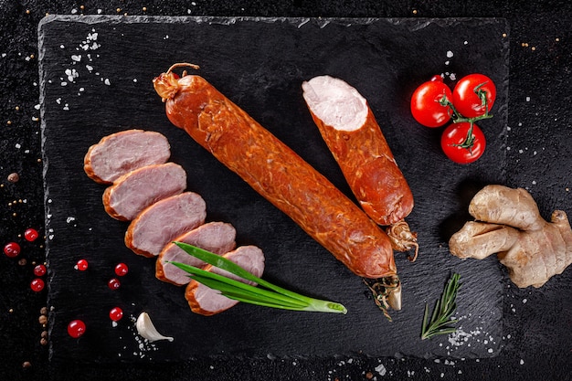 Various sausages and smoked products lie on a black board