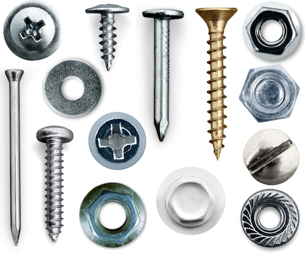 Photo various screws and nuts, flat lay, top view,