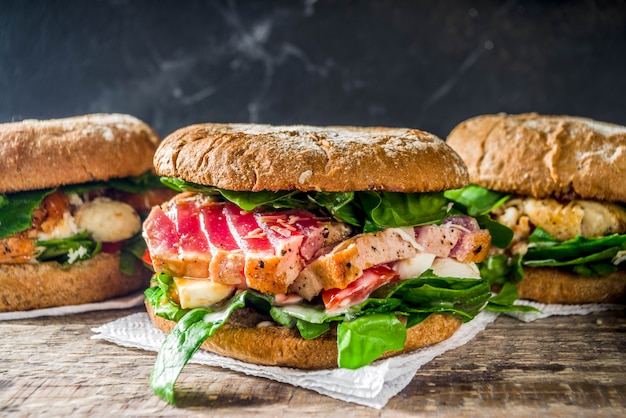 Various seafood and fish burgers assortment