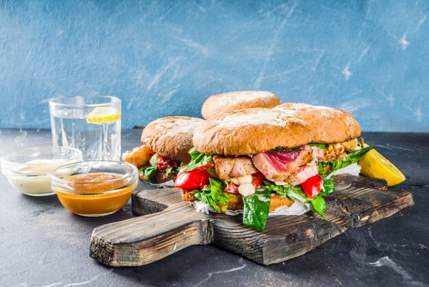 Various seafood and fish burgers assortment