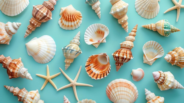 Various seashells and starfish arranged in a pattern on a light blue background