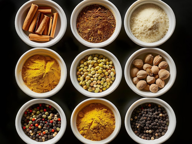 Various Seasonings in Cups on a Table Anise Cardamom Cloves and Cinnamon in Cups