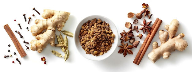 Various Seasonings in Cups on a Table Anise Cardamom Cloves and Cinnamon in Cups