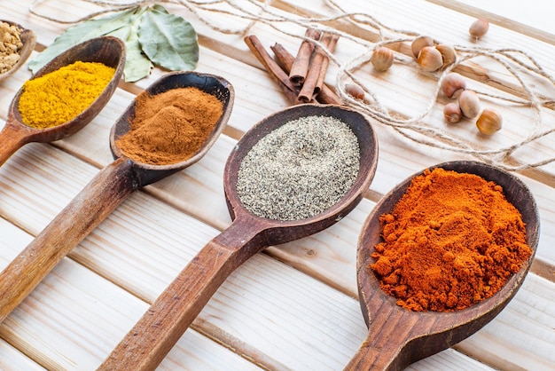 Various seasonings for food in wooden spoons