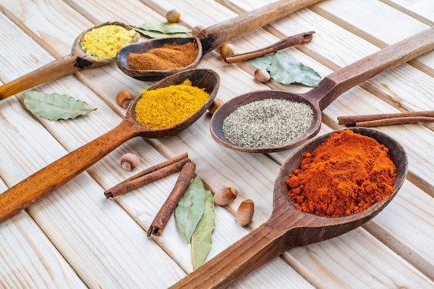 Various seasonings for food in wooden spoons