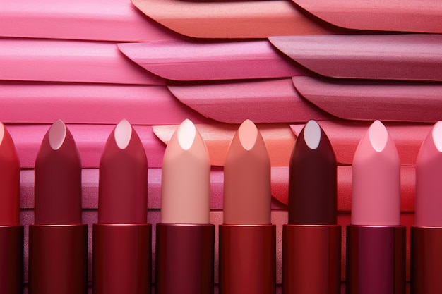 Various shades of red and pink lipstick on a corrugated backdrop