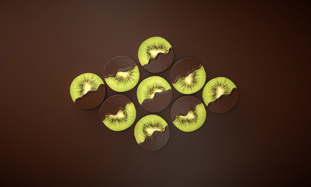 Various slices of kiwi dipped in liquid chocolate