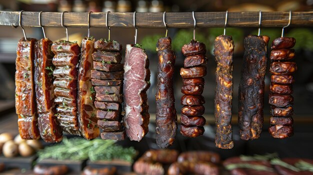 Photo various smoked meats hanging in a butcher shop