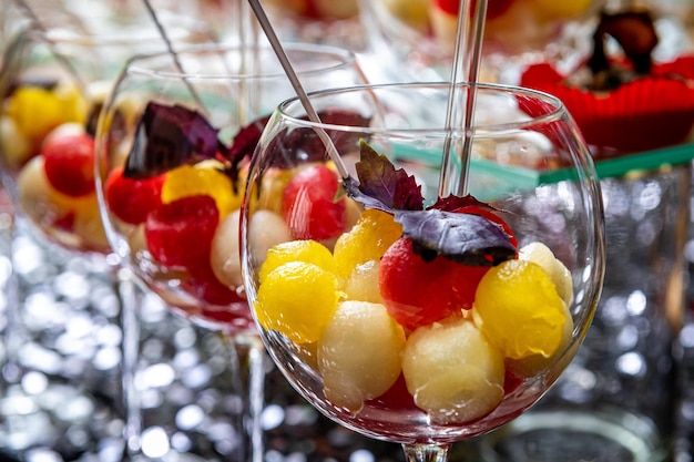 Various snacks buffet table with different dishes