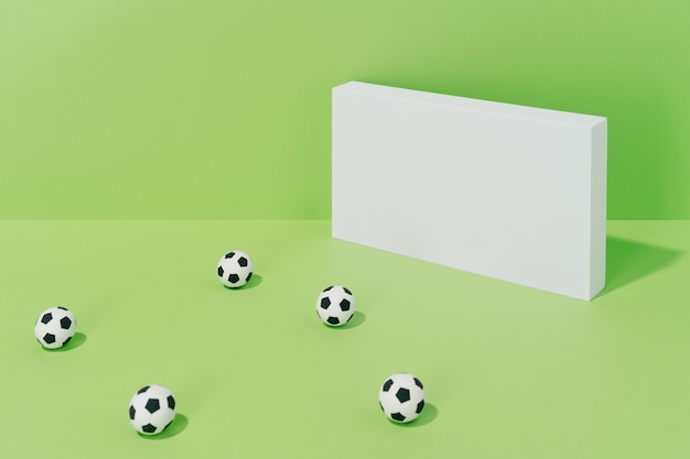 Various soccer balls on goal on a green background. concept of football and sport.