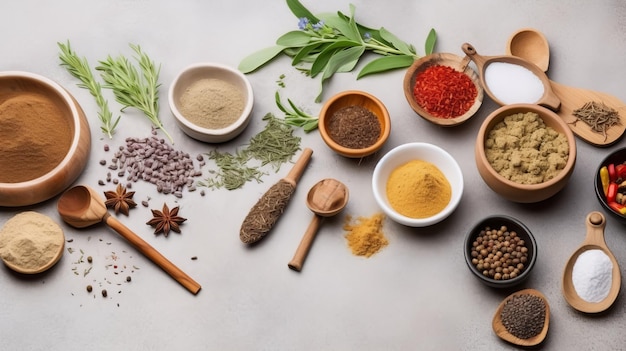 Various spices arranged on table