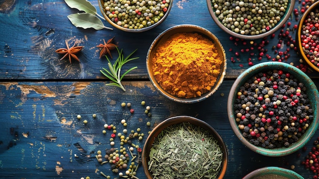 Various spices in bowls on a blue wooden table