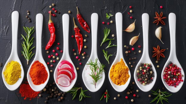 Photo various spices and herbs arranged in white spoons against a dark grey background showcasing the rich colors and textures of each ingredient