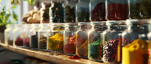 Various spices and herbs in glass jars lined up on a sunlit shelf in a kitchen