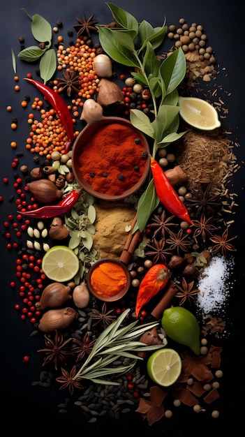 Various spices and herbs top view