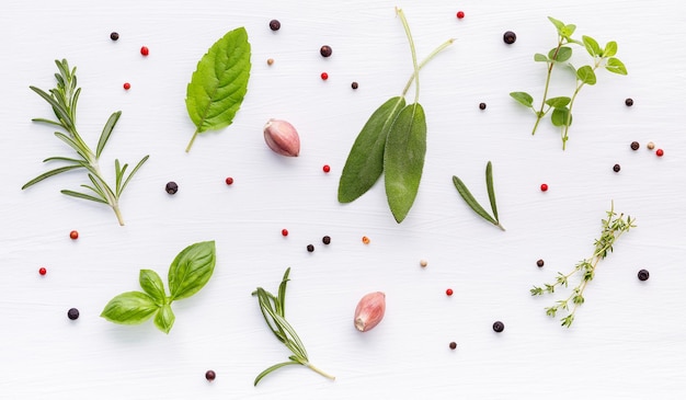 Various of spices and herbs on wooden background. Flat lay spices ingredients rosemary, thyme, oregano, sage leaves and sweet basil on white wooden.