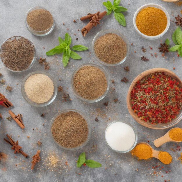 Various spices and herbs in wooden spoons on a light background AIGenerated