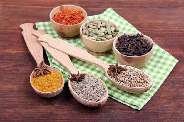 Various spices and herbs on wooden table