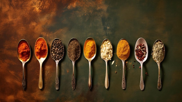 Various spices in spoon on old green background