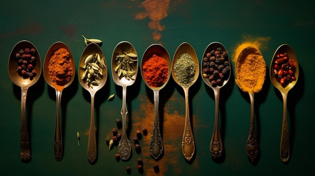 Various spices in spoon on old green background