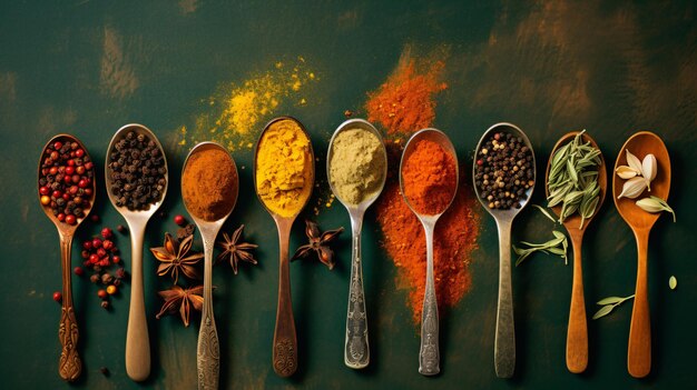 Various spices in spoon on old green background