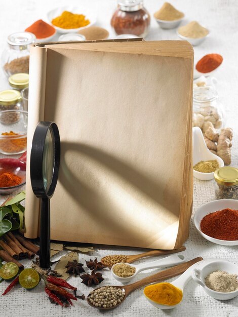 Photo various spices with book and magnifying glass on table