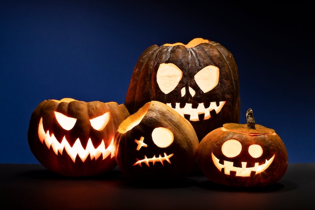 Various spooky halloween pumpkin carving