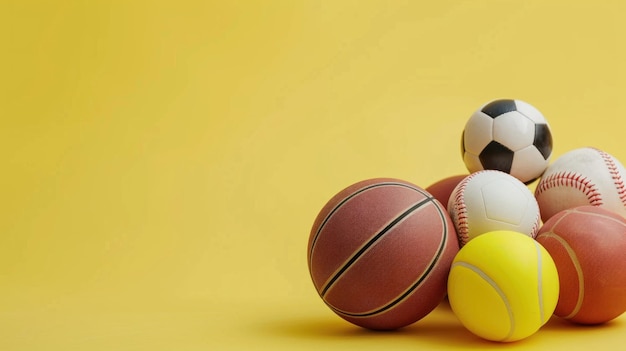 Various sport balls soccer ball basketball baseball tennis ball isolated on a bright yellow background