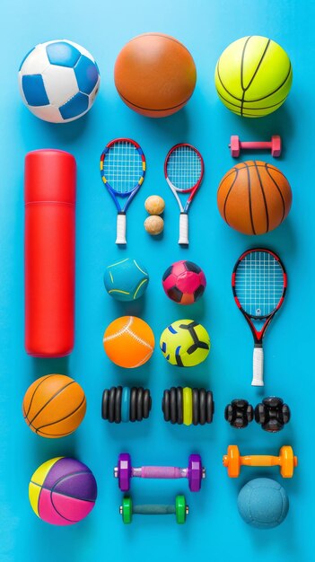 Photo various sports equipment including basketball soccer balls dumbbells and a tennis ball on a blue background concept of fitness exercise sports gear physical activity vertical