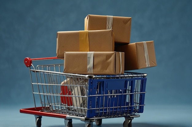 Various stacked parcels in shopping cart on blue backdrop