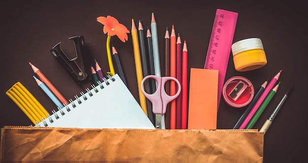 Various stationery in paper bag on brown background. School supplies stationery, colour pencils, paints, paper on brown background, back to school concept, modern elementary education. flat lay.