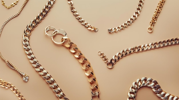 Various stylish gold chains and bracelets artistically arranged on a light beige surface showcasing their elegance and detail