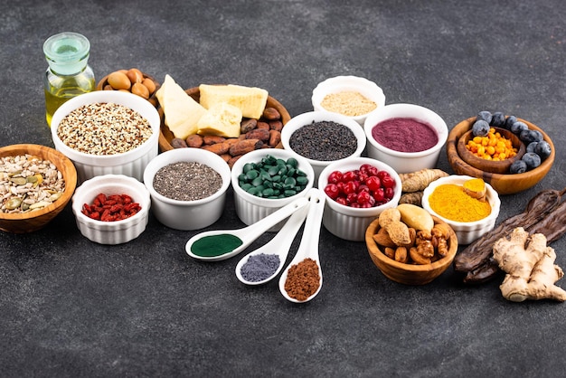 Various superfoods and healthy food supplement