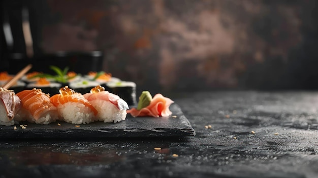 Various sushi on slate plate on isolated background Copy space generative AI image