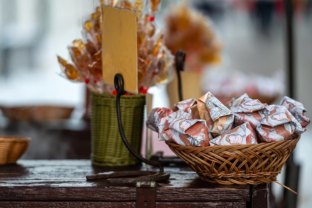 Various sweets on the Christmas market table closeup