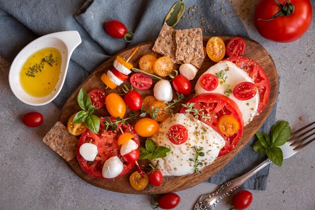 Various tomatoes with mozzarella and basil