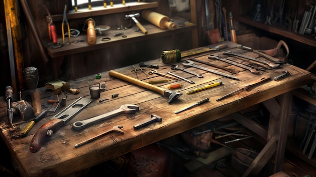 Photo various tools arranged on an old wooden workbench