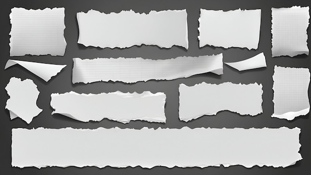 Various torn white paper strips arranged against a dark background