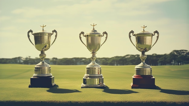 Various trophies with bronze silver and gold cup