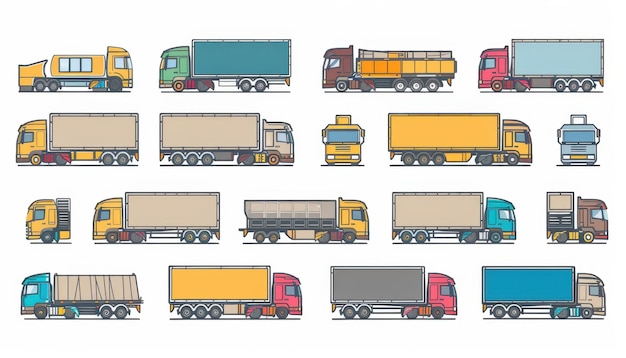 Photo various trucks lined up in an illustrated style for a transportationthemed design layout