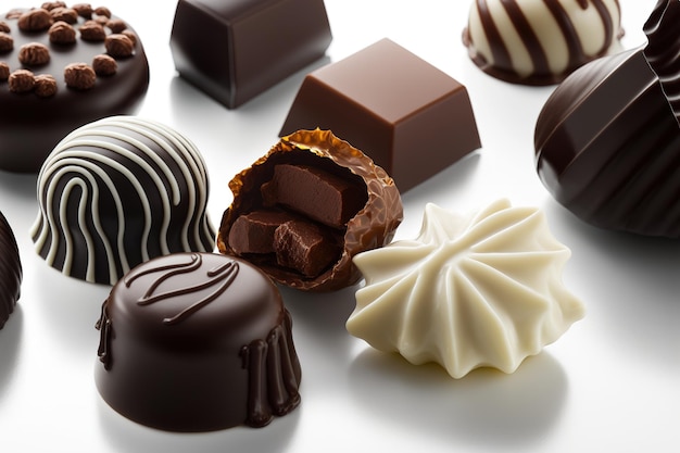 Various truffles or pralines made with chocolate Close up shows a variety of little irregularly shaped chocolate bonbon pieces covered in milk and dark chocolate selective attention a single image