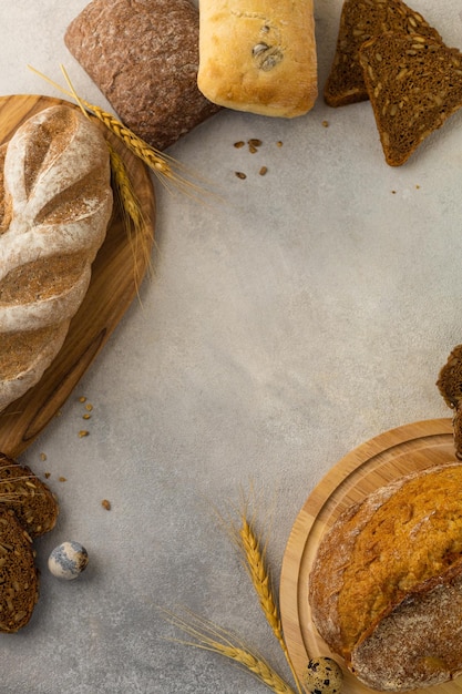 Various types of bread rye glutenfree wheat multicereal on a light background