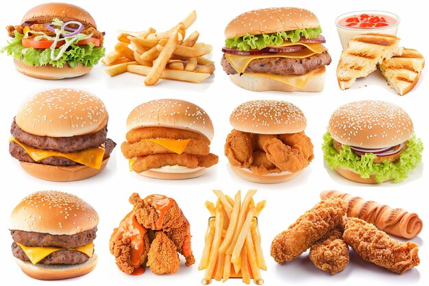 Various types of burgers and fries arranged on a table showcasing a variety of fast food options