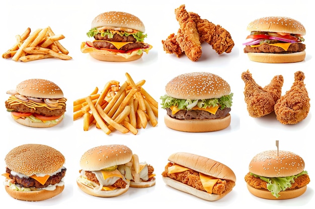 Various types of burgers and fries arranged together on a table showcasing a selection of fast food