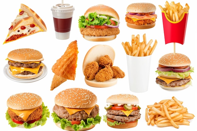 Various types of burgers and fries spread out on a table showcasing a selection of fast food options