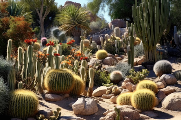 Various types of cacti in a desert botanical garden created with generative ai