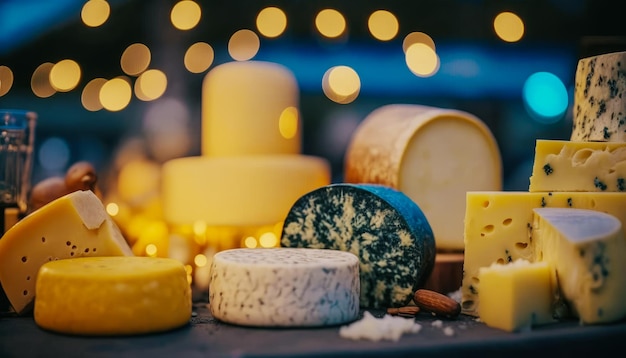 Various types of cheese are displayed on table Generative AI