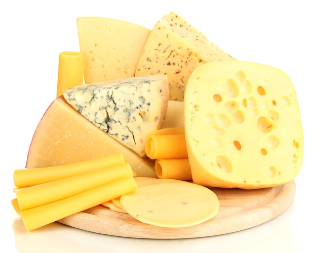 Various types of cheese isolated on white