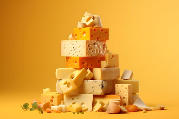 Various types of cheese on yellow background